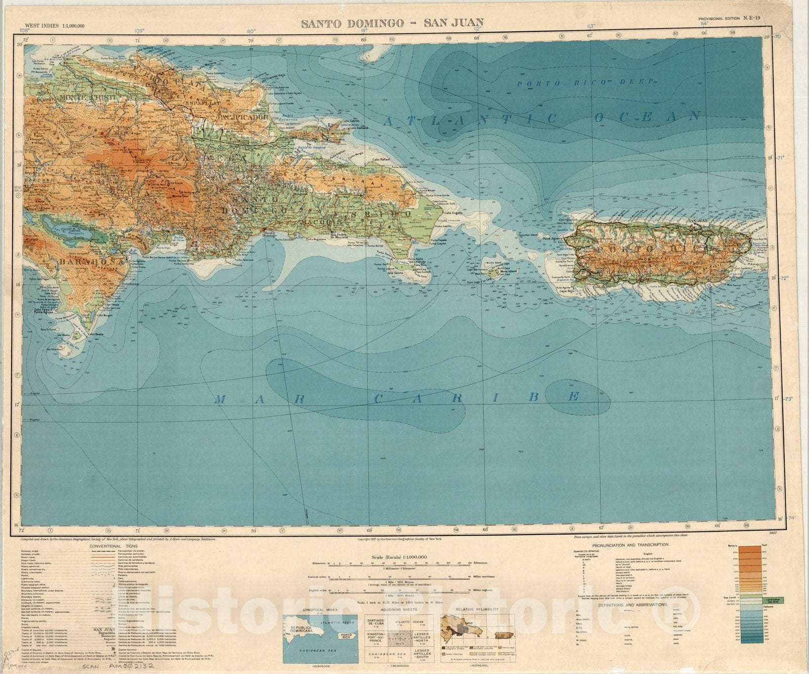 Map : Santo Domingo-San Juan, Dominican Republic and Puerto Rico 1927, Map of Hispanic America, Antique Vintage Reproduction