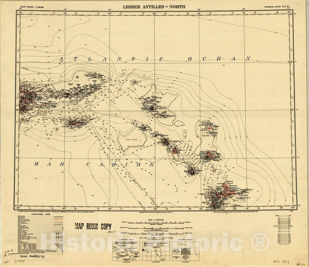 Map : Lesser Antilles-North 1955 1960, Map of Hispanic America, Antique Vintage Reproduction