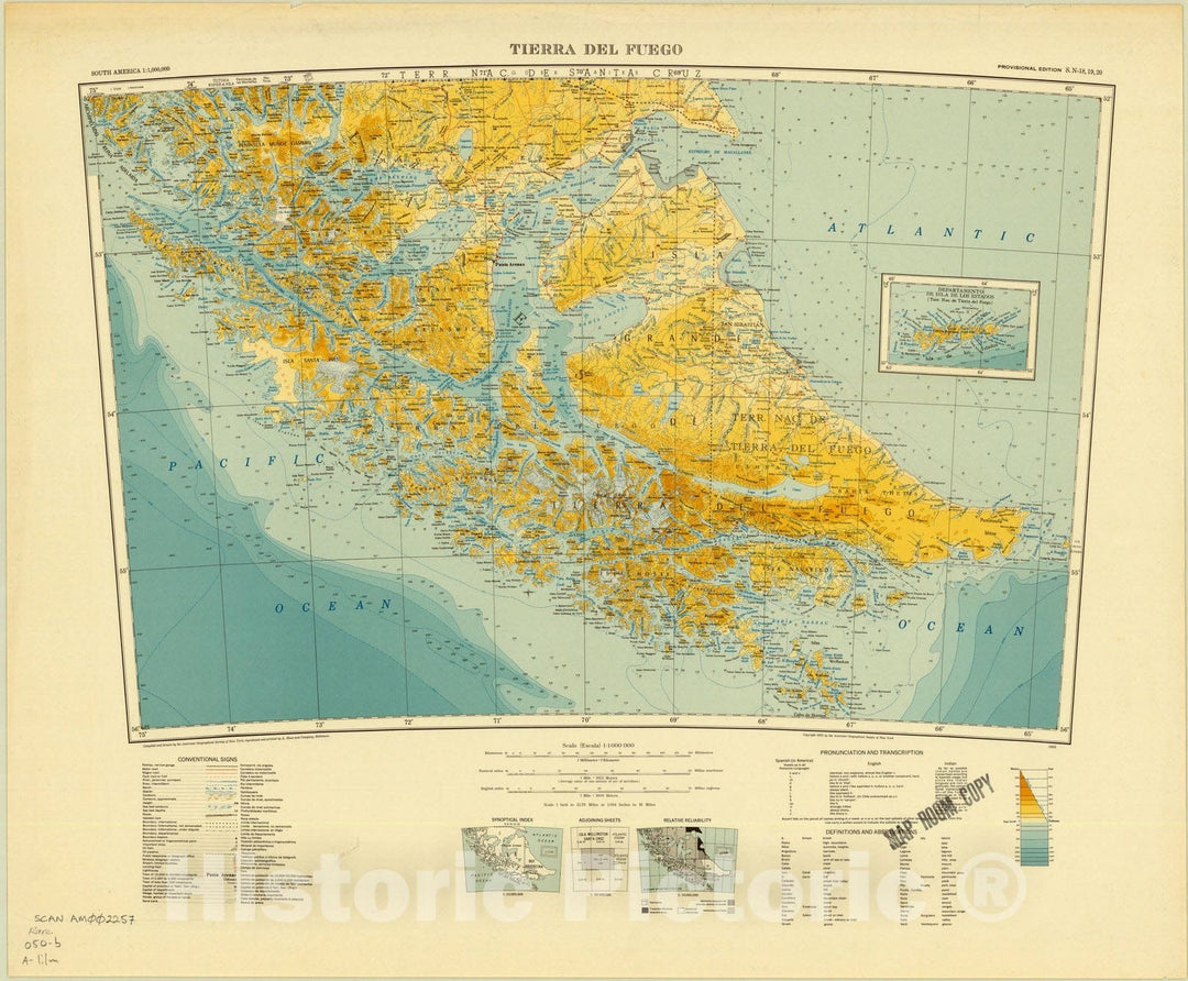 Map : Tierra Del Fuego, Chile 1955, Map of Hispanic America, Antique Vintage Reproduction