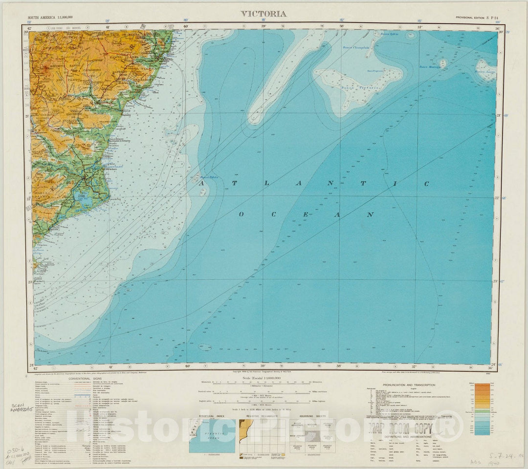 Map : Victoria, Brazil 1940, Map of Hispanic America, Antique Vintage Reproduction