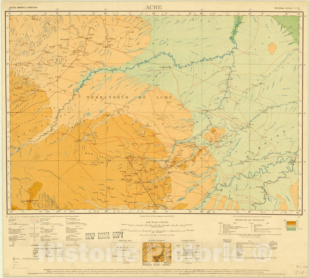 Map : Acre (colored), Brazil, Peru and Bolivia 1924, Map of Hispanic America, Antique Vintage Reproduction