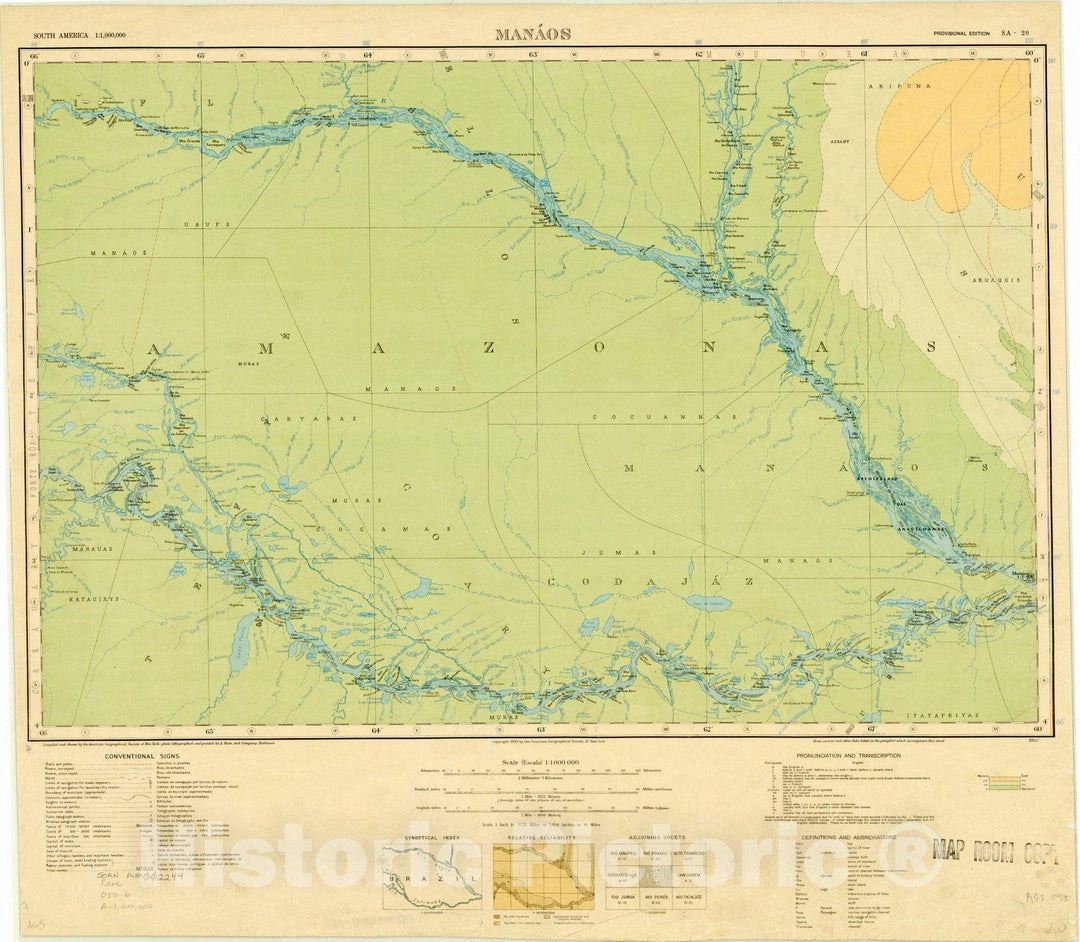 Map : Manaos, Brazil 1930, Map of Hispanic America, Antique Vintage Reproduction