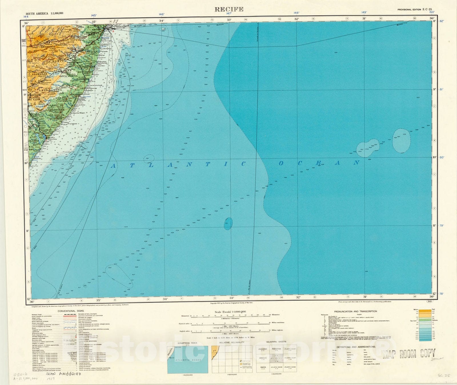 Map : Recife, Brazil 1939, Map of Hispanic America, Antique Vintage Reproduction