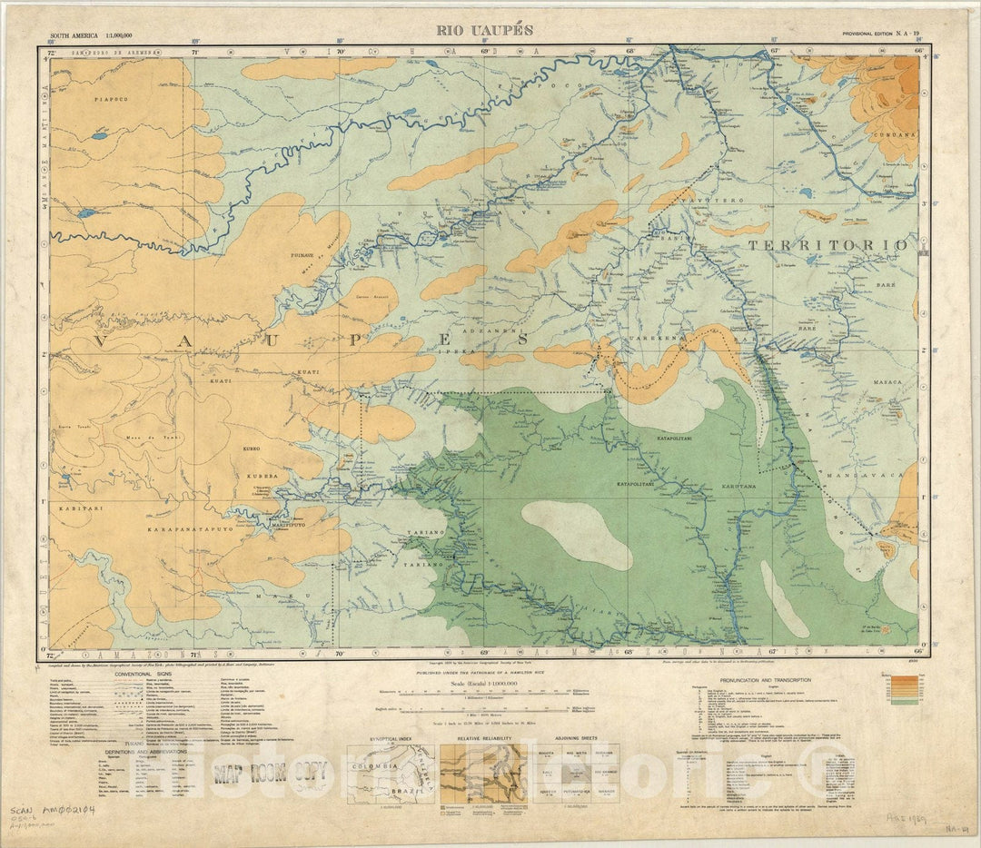 Map : Rio Uaupes, Colombia, Brazil and Venezuela 1952, Map of Hispanic America, Antique Vintage Reproduction