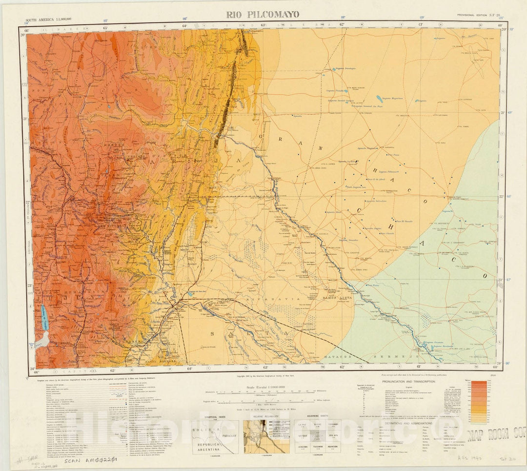 Map : Rio Pilcomayo, Bolivia, Argentina and Paraguay 1940, Map of Hispanic America, Antique Vintage Reproduction