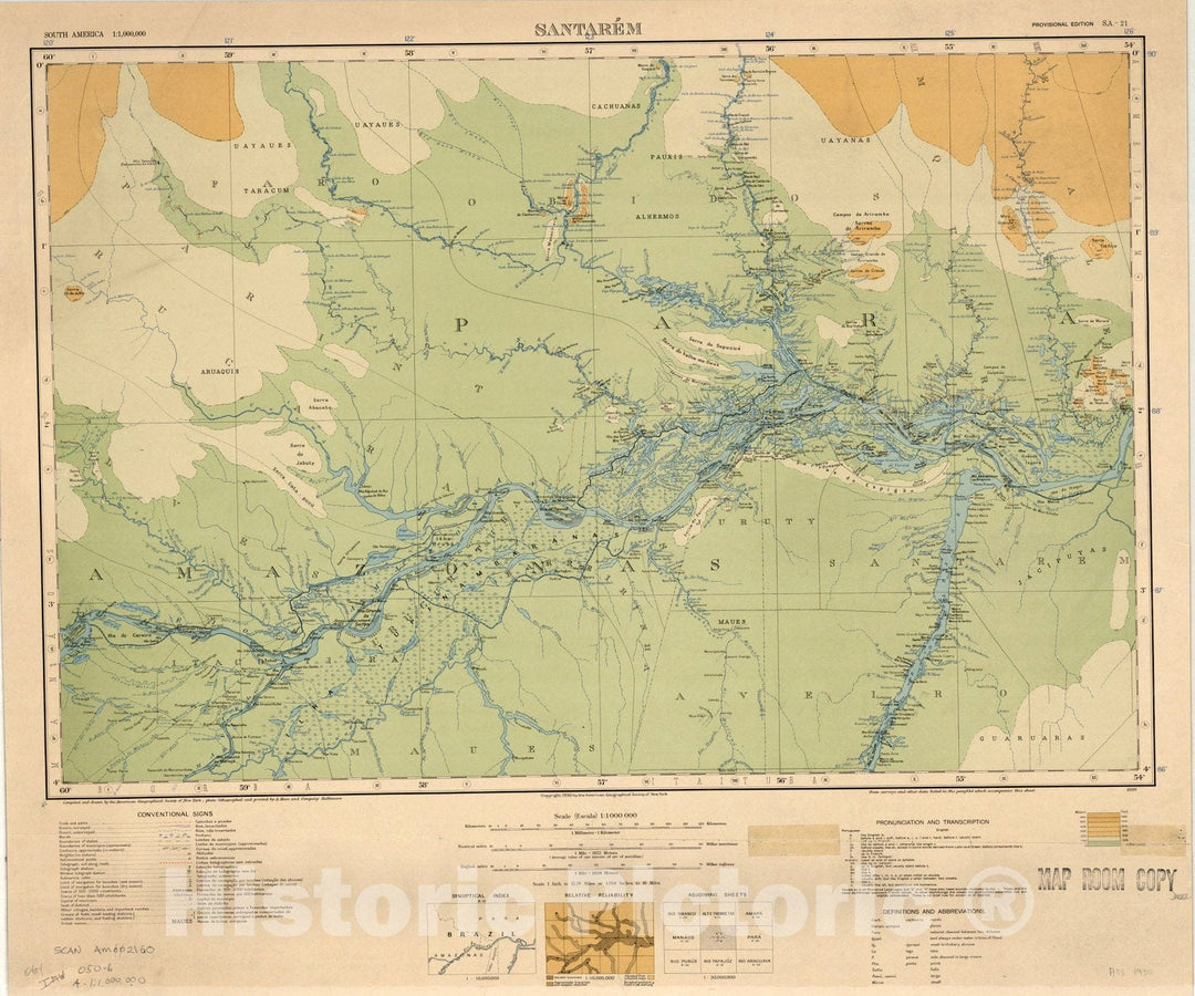 Map : Santarem, Brazil 1930, Map of Hispanic America, Antique Vintage Reproduction