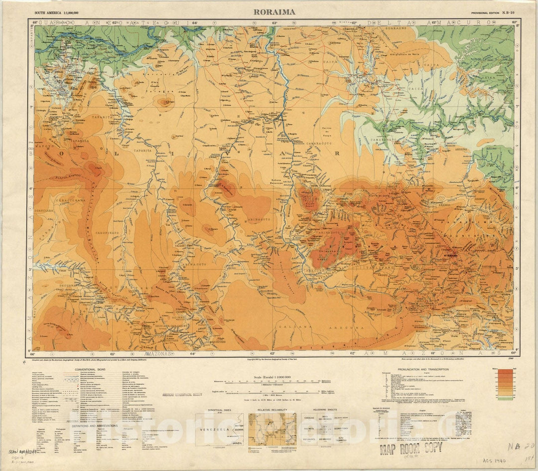 Map : Roraima, Venezuela 1940, Map of Hispanic America, Antique Vintage Reproduction