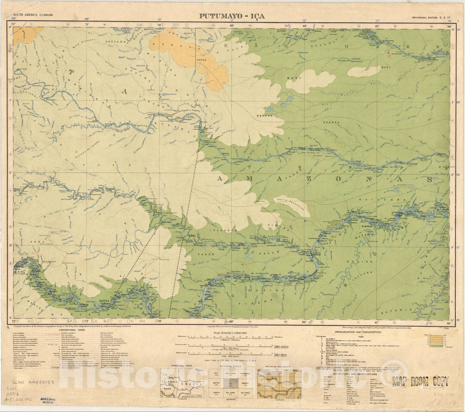 Map : Putumayo-Ica, Brazil, Colombia, Peru 1930, Map of Hispanic America, Antique Vintage Reproduction