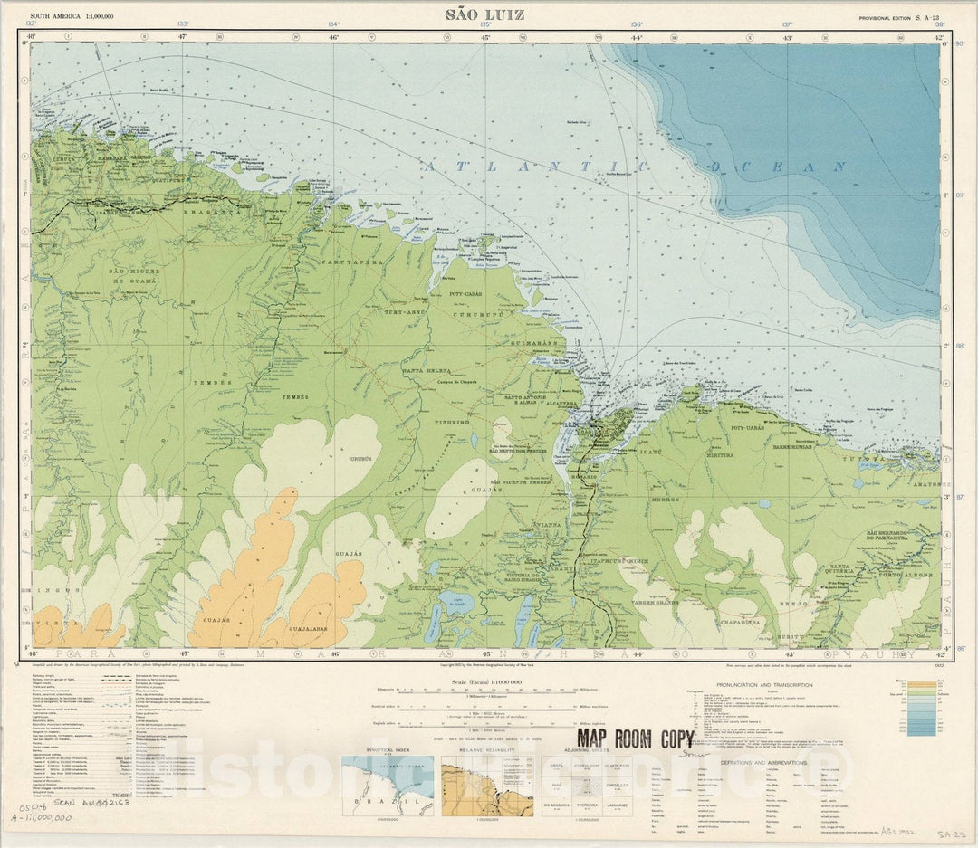 Map : Sao Luiz, Brazil 1932, Map of Hispanic America, Antique Vintage Reproduction