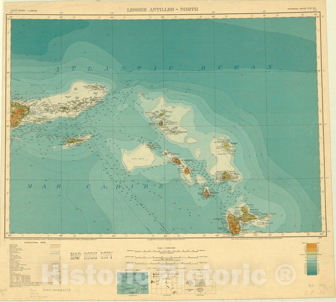 Map : Lesser Antilles-North 1927, Map of Hispanic America, Antique Vintage Reproduction