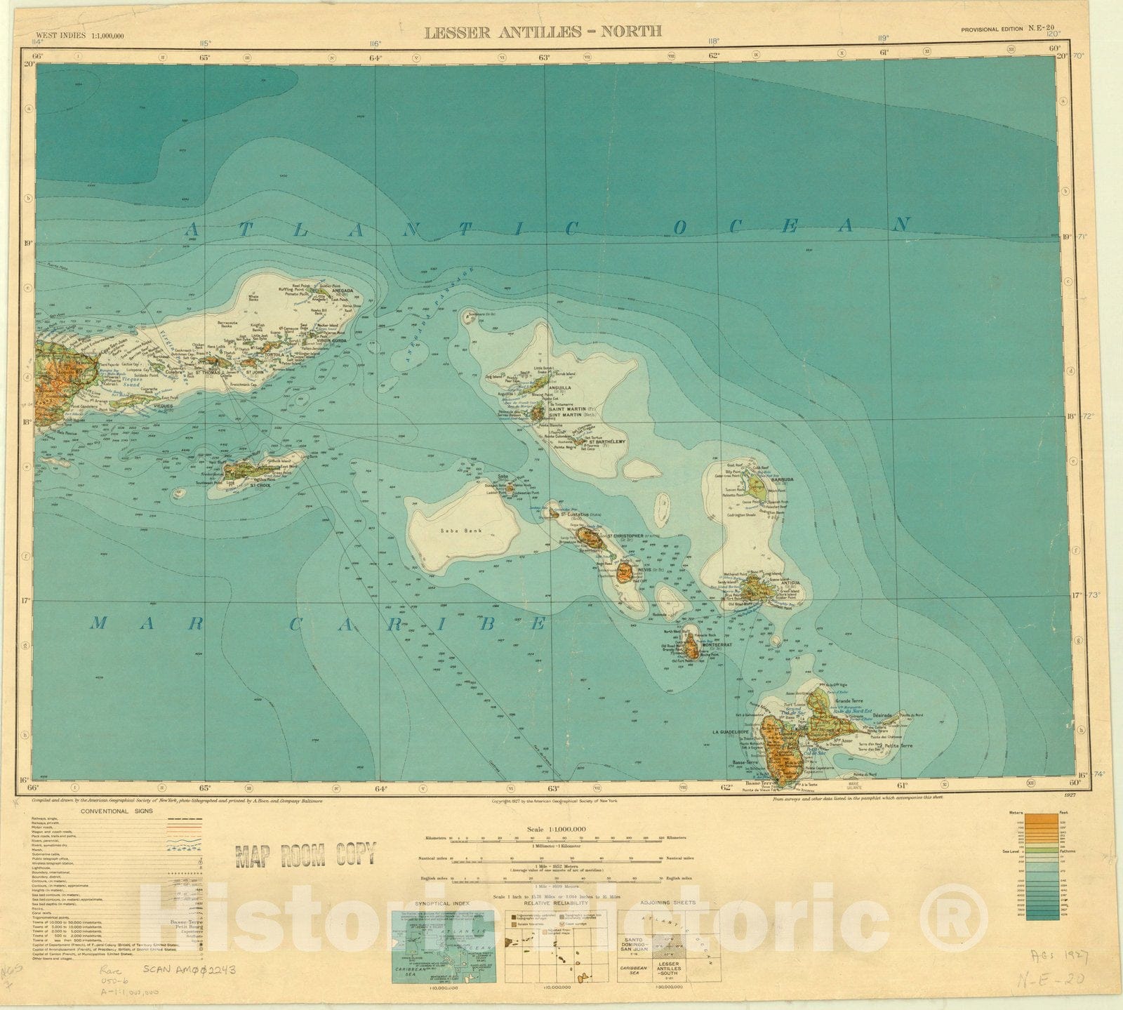 Map : Lesser Antilles-North 1927, Map of Hispanic America, Antique Vintage Reproduction