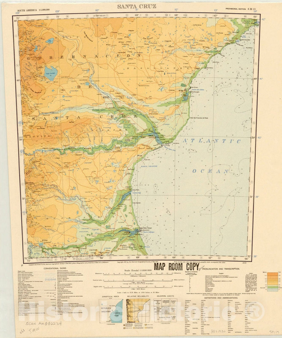 Map : Santa Cruz, Argentina 1930, Map of Hispanic America, Antique Vintage Reproduction