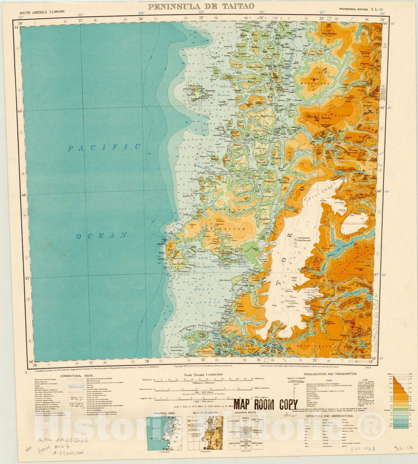 Map : Peninsula De Taitao, Chile 1928, Map of Hispanic America, Antique Vintage Reproduction