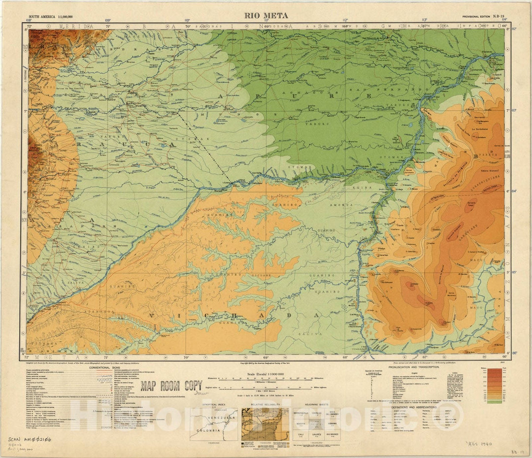 Map : Rio Meta, Colombia and Venezuela 1940, Map of Hispanic America, Antique Vintage Reproduction