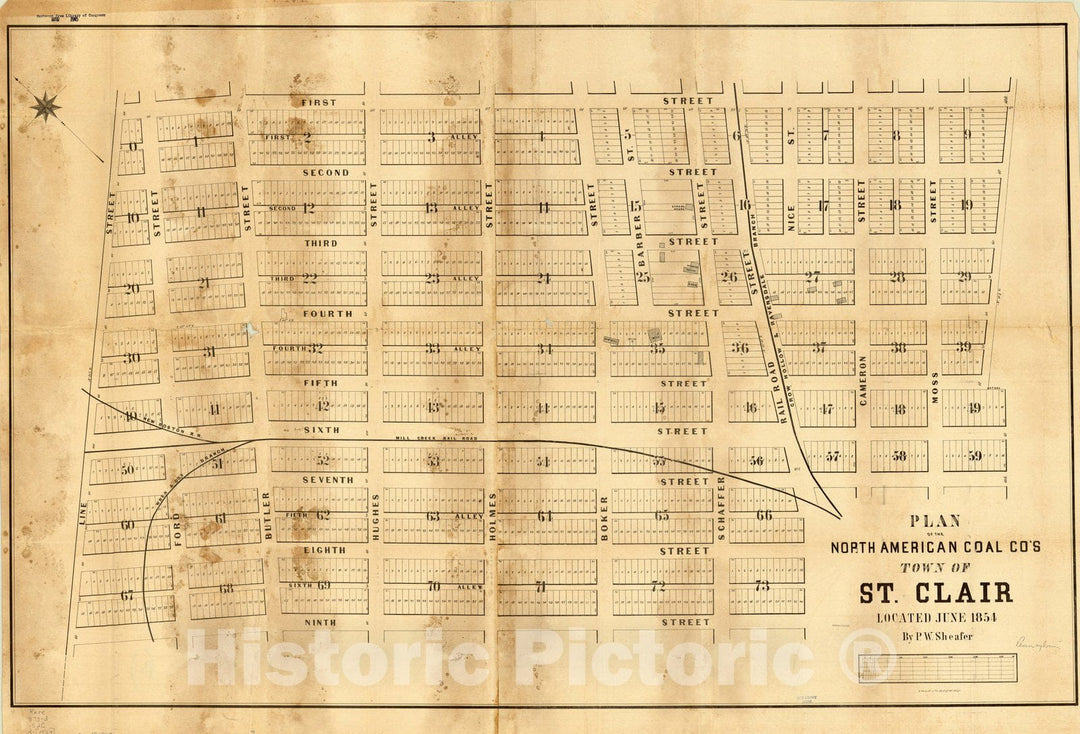 Map : St. Clair, Pennsylvania 1854, Plan of the North American Coal Co.'s town of St. Clair, located June 1854 , Antique Vintage Reproduction