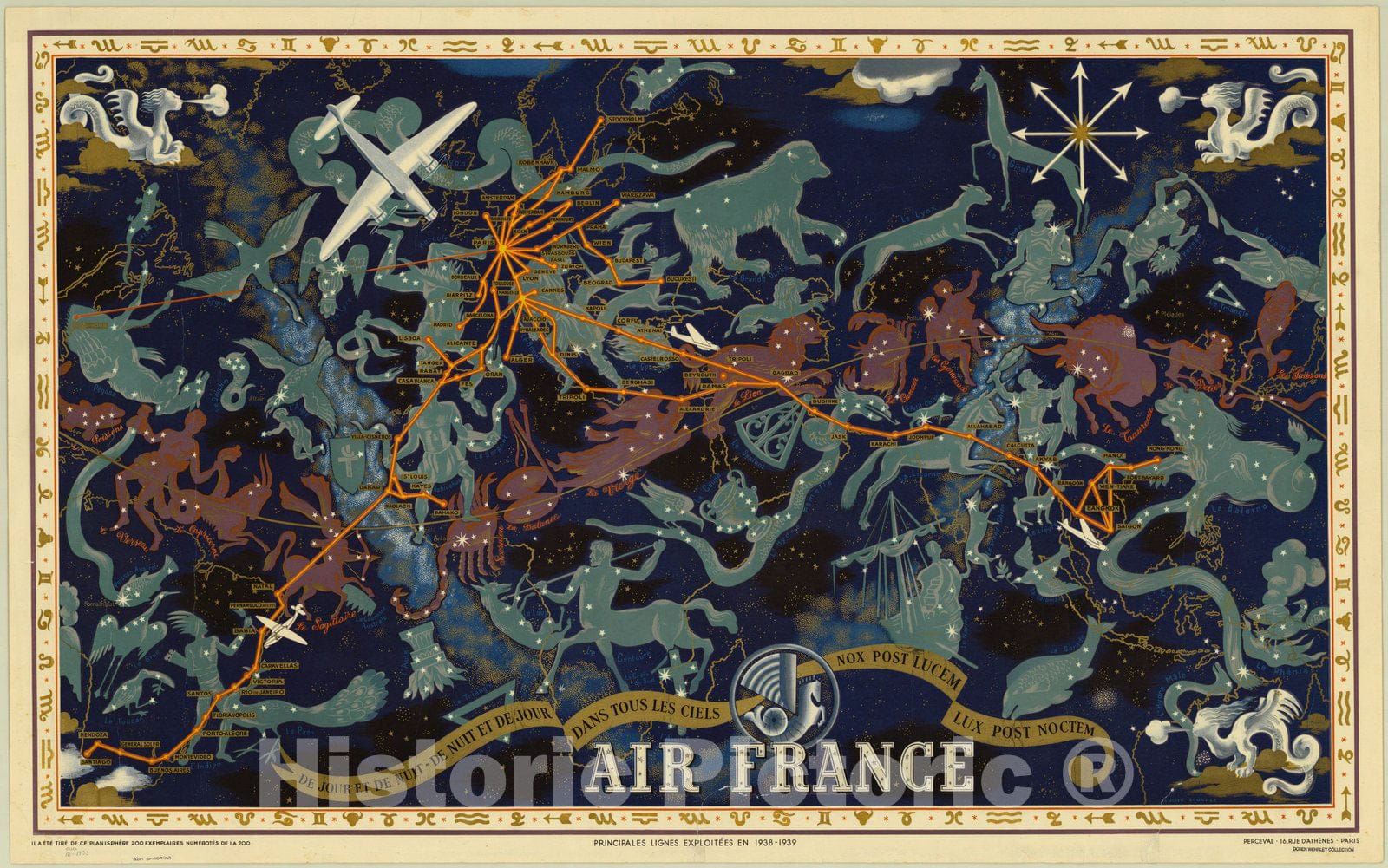 Map : World 1938, De jour et de nuit, de nuit et de jour dans tous les ciels, nox post lucem lux post noctem : Air France principales lignes exploitees en 1938-1939