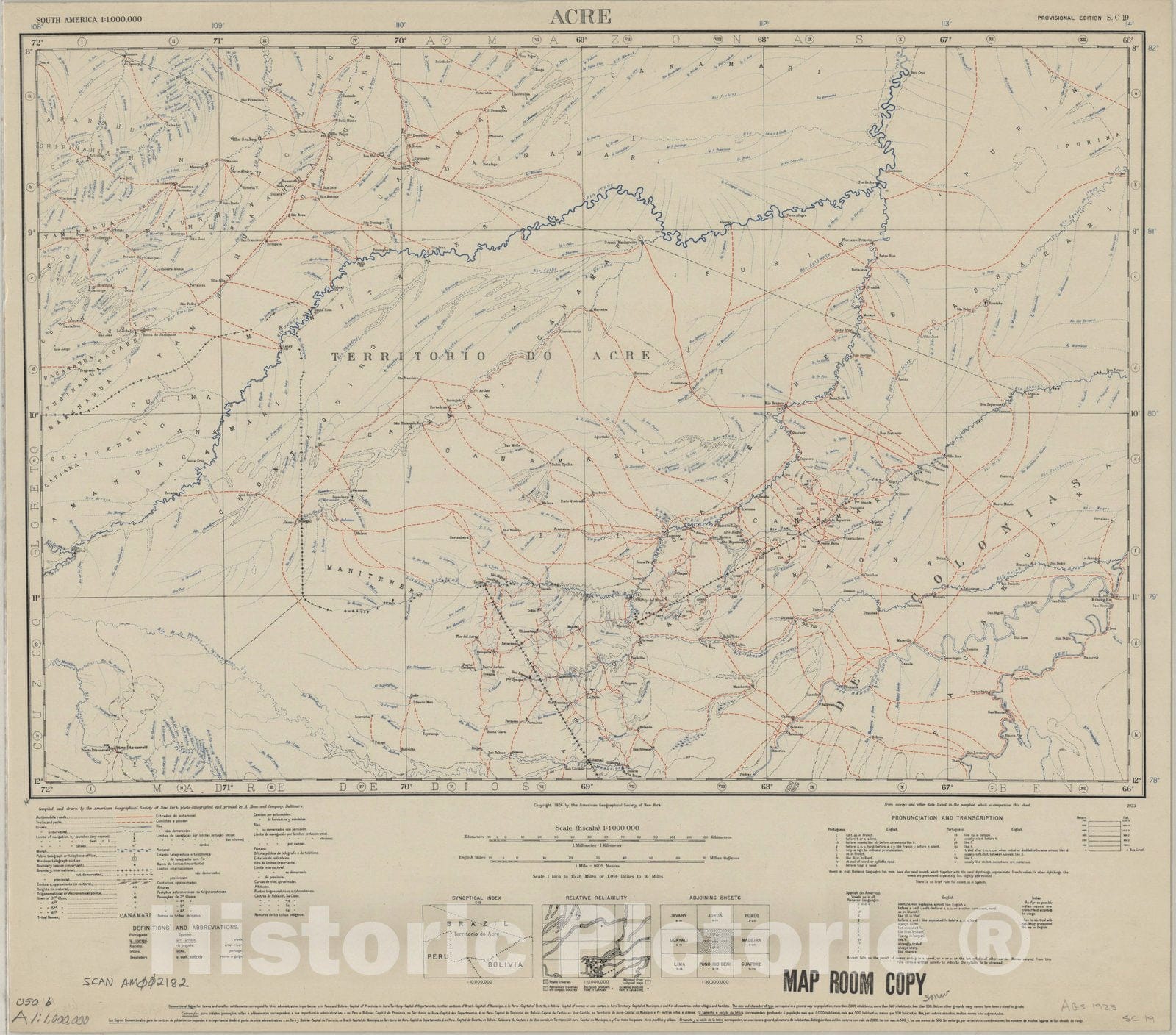 Map : Acre (uncolored), Brazil, Peru and Bolivia 1923, Map of Hispanic America, Antique Vintage Reproduction