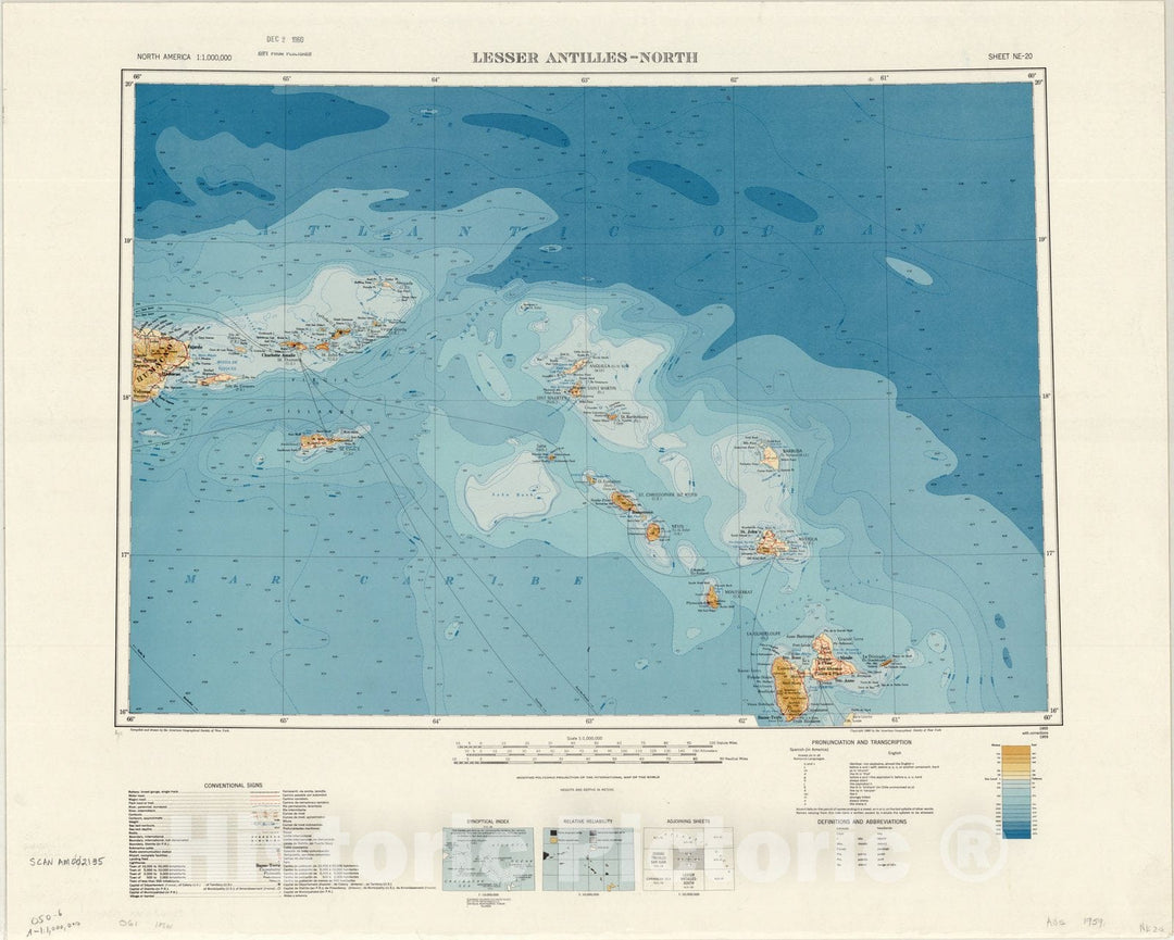 Map : Lesser Antilles North 1959, Map of Hispanic America, Antique Vintage Reproduction