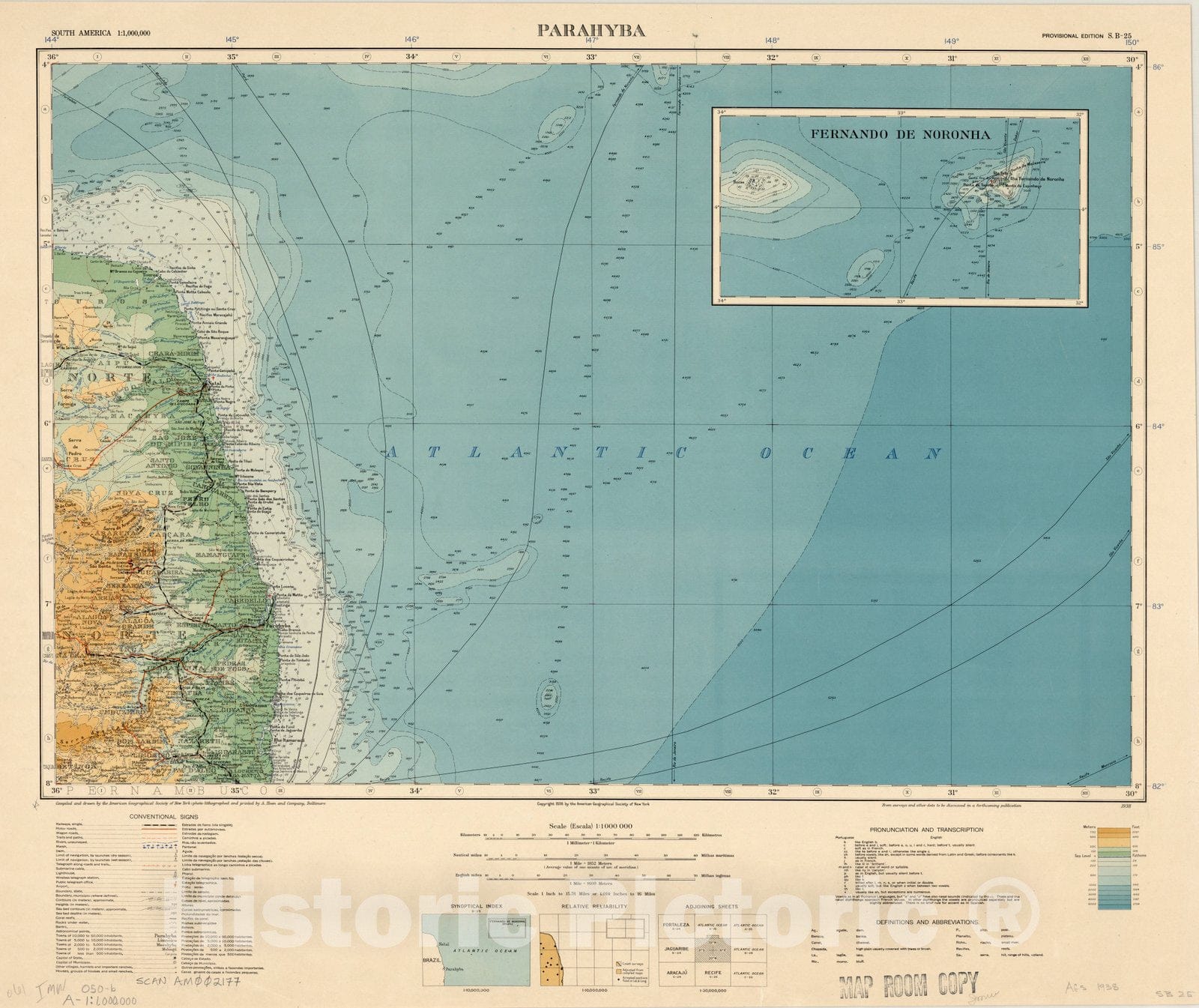 Map : Parahyba, Brazil 1938, Map of Hispanic America, Antique Vintage Reproduction