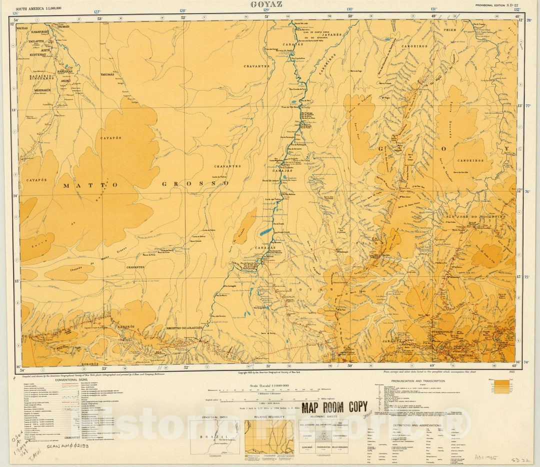 Map : Goyaz, Brazil 1935, Map of Hispanic America, Antique Vintage Reproduction