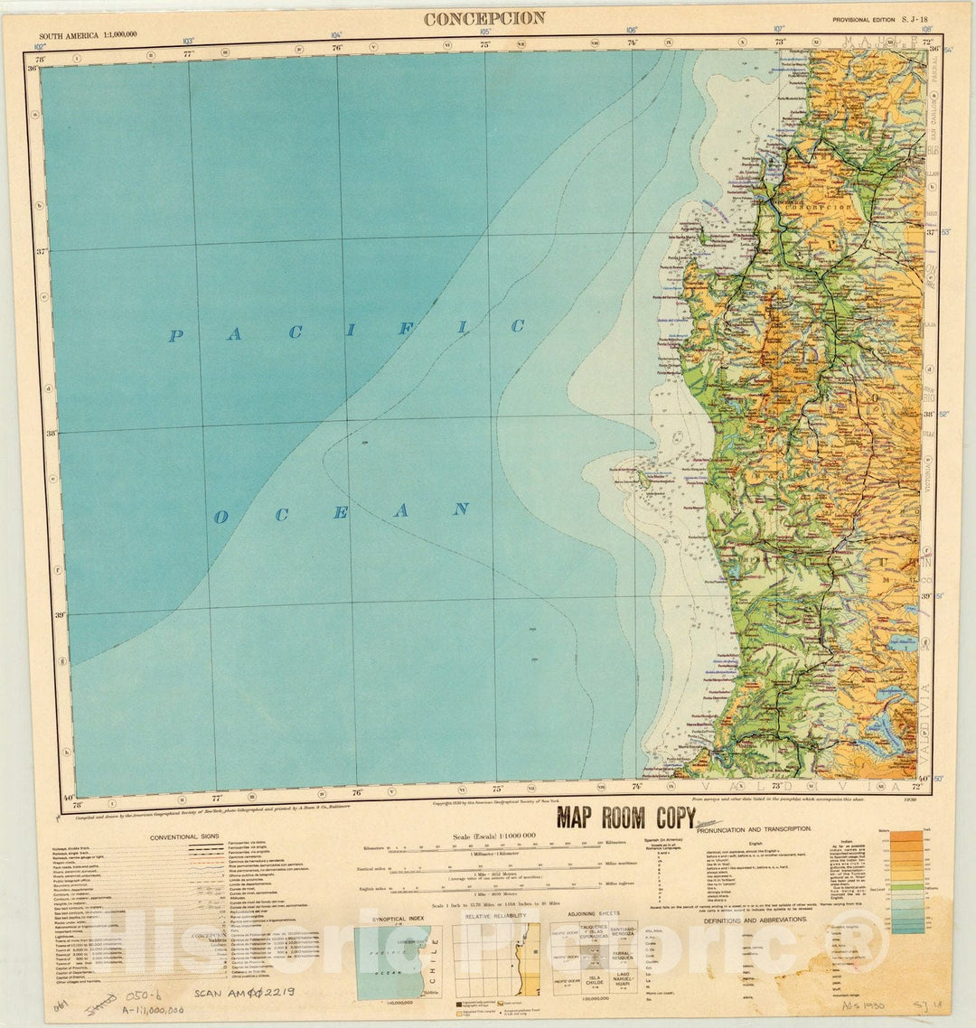 Map : Concepcion, Chile 1930, Map of Hispanic America, Antique Vintage Reproduction