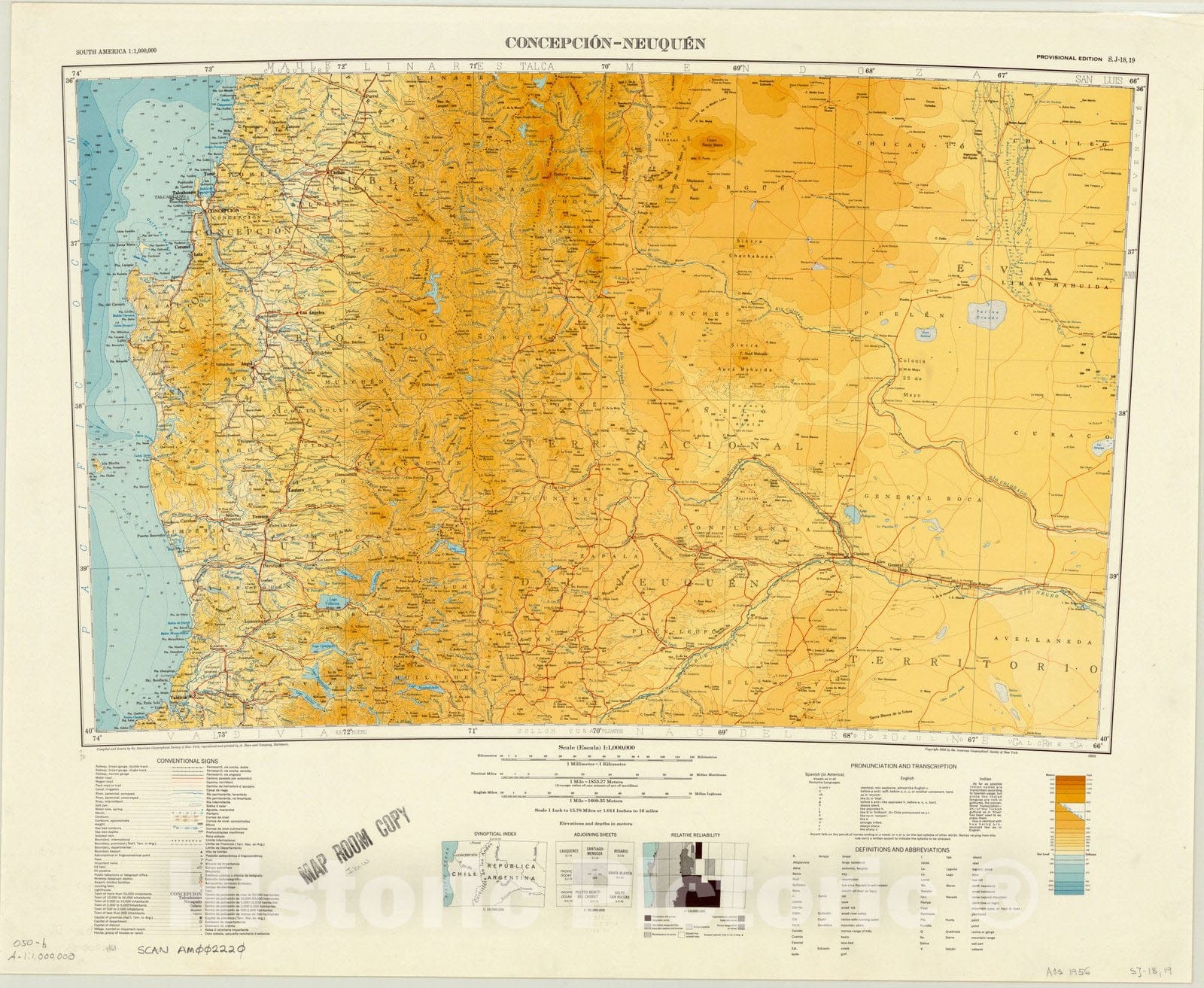 Map : Concepcion-Neuquon, Chile 1956, Map of Hispanic America, Antique Vintage Reproduction