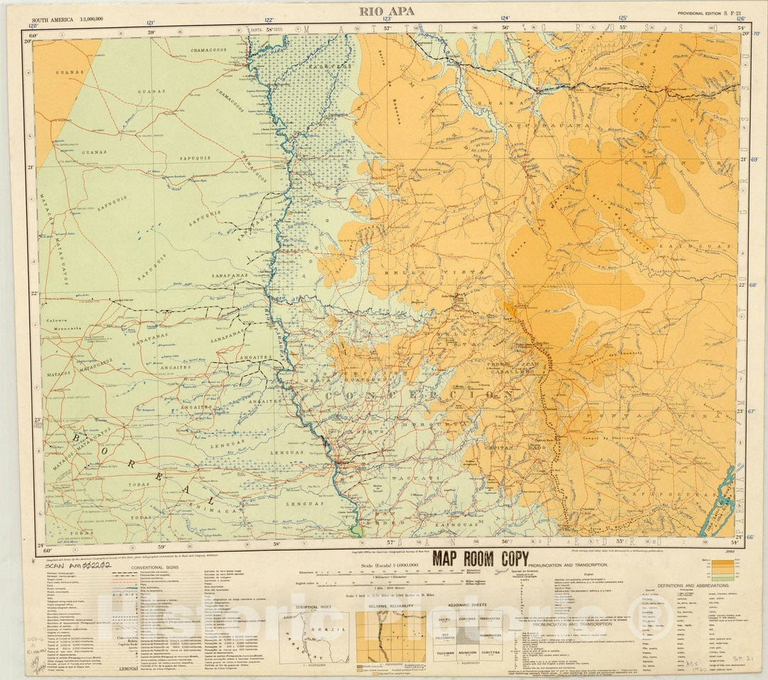 Map : Rio Apa, Brazil 1940, Map of Hispanic America, Antique Vintage Reproduction