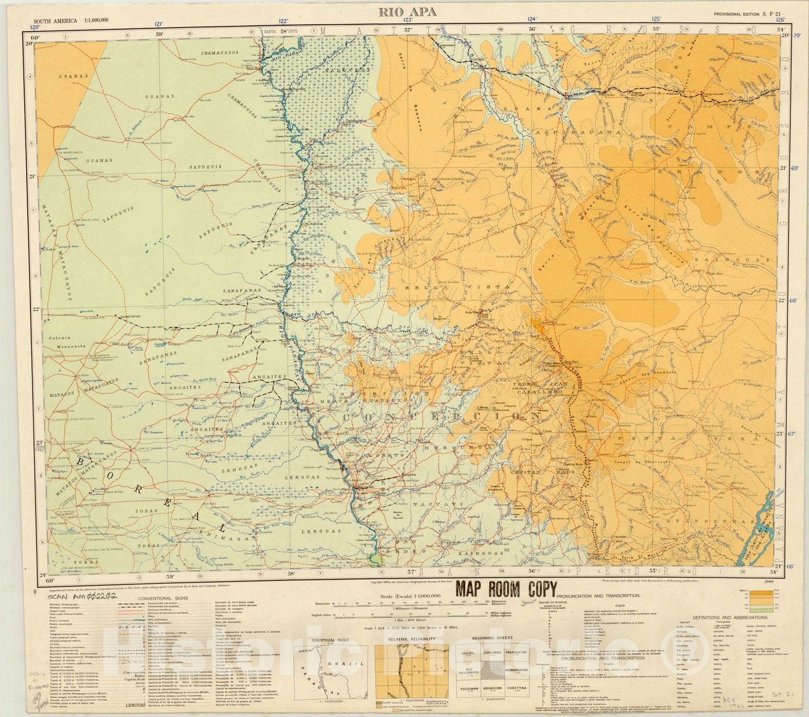 Map : Rio Apa, Brazil 1940, Map of Hispanic America, Antique Vintage Reproduction