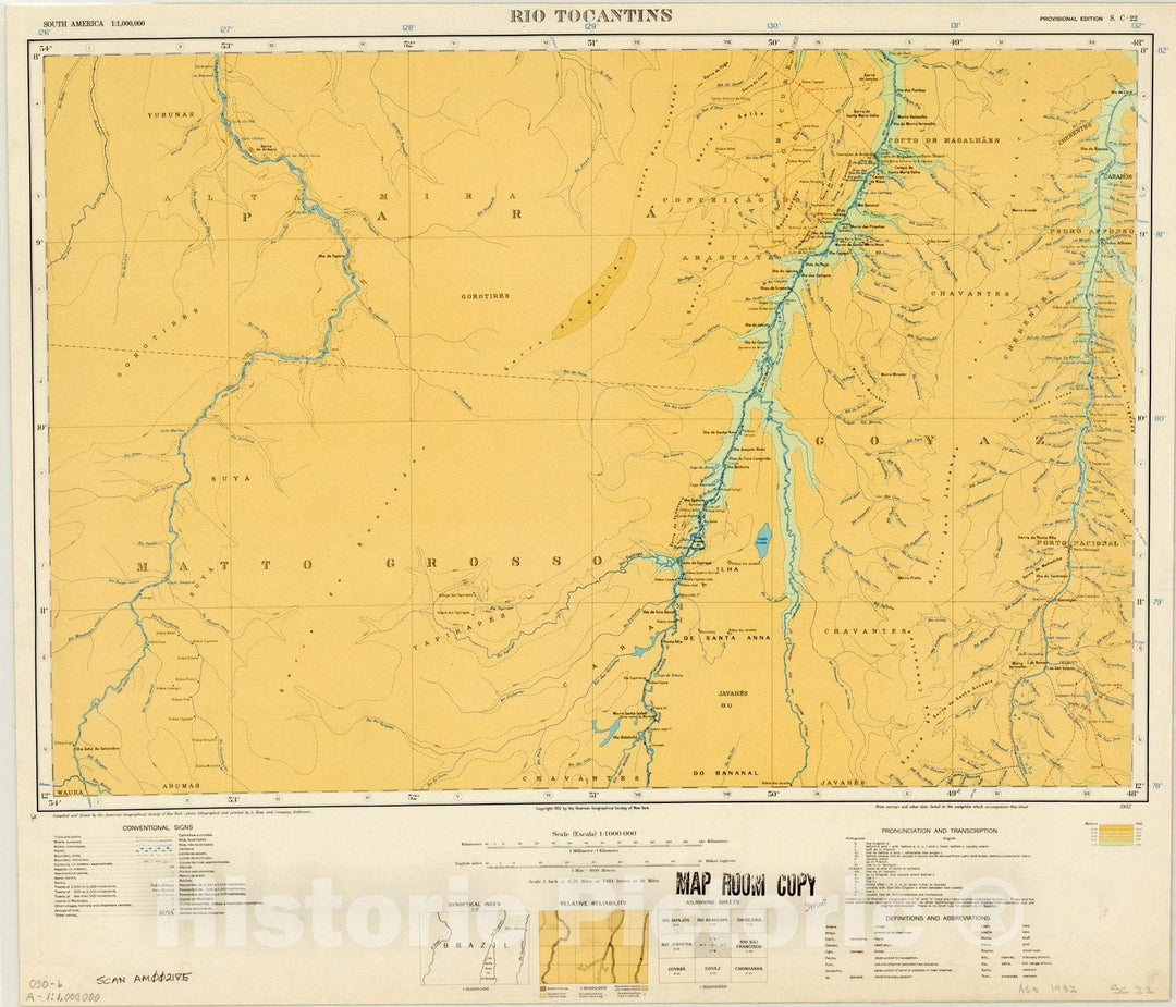 Map : Rio Tocantins, Brazil 1932, Map of Hispanic America, Antique Vintage Reproduction