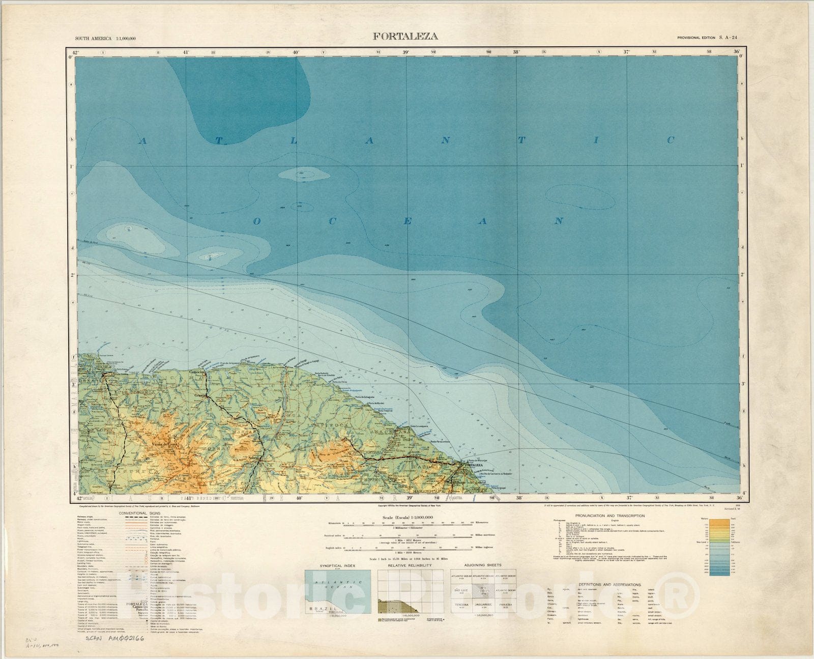 Map : Fortaleza, Brazil 1938 2, Map of Hispanic America, Antique Vintage Reproduction