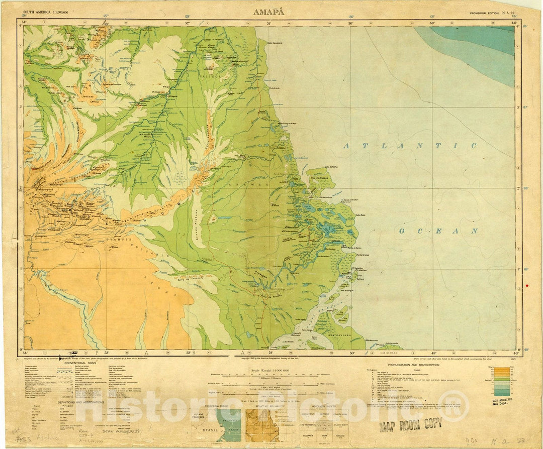 Map : Amapa, Brazil 1929, Map of Hispanic America, Antique Vintage Reproduction