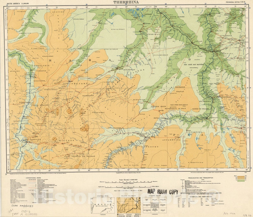 Map : Therezina, Brazil 1934, Map of Hispanic America, Antique Vintage Reproduction