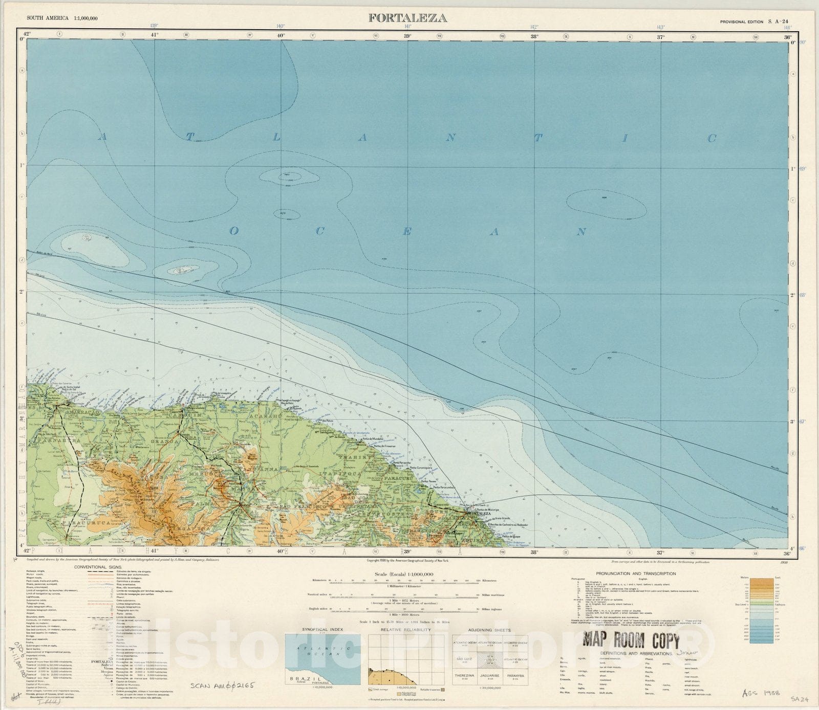 Map : Fortaleza, Brazil 1938 1, Map of Hispanic America, Antique Vintage Reproduction