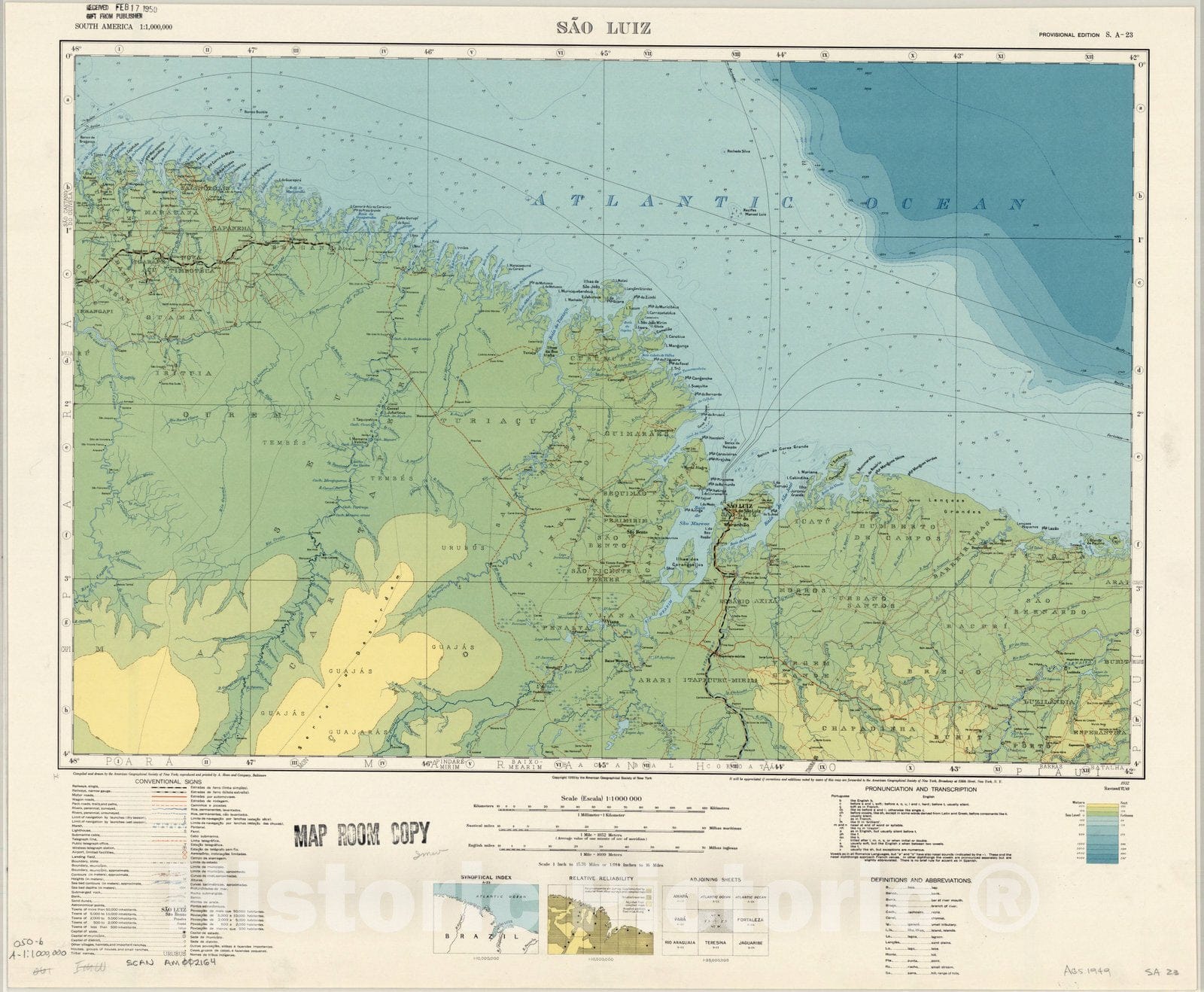 Map : Sao Luiz, Brazil 1950, Map of Hispanic America, Antique Vintage Reproduction