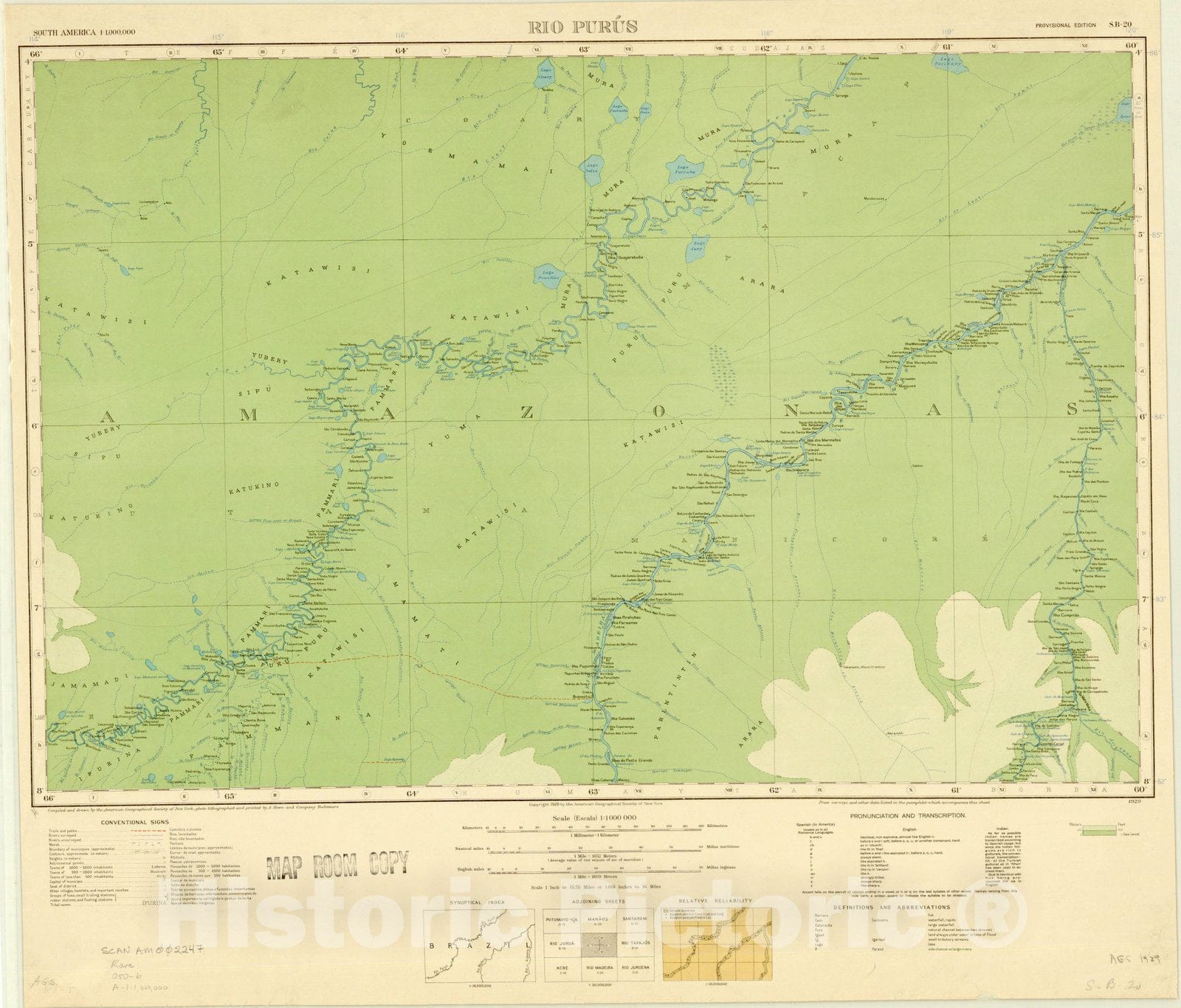 Map : Rio Purus, Brazil 1929, Map of Hispanic America, Antique Vintage Reproduction