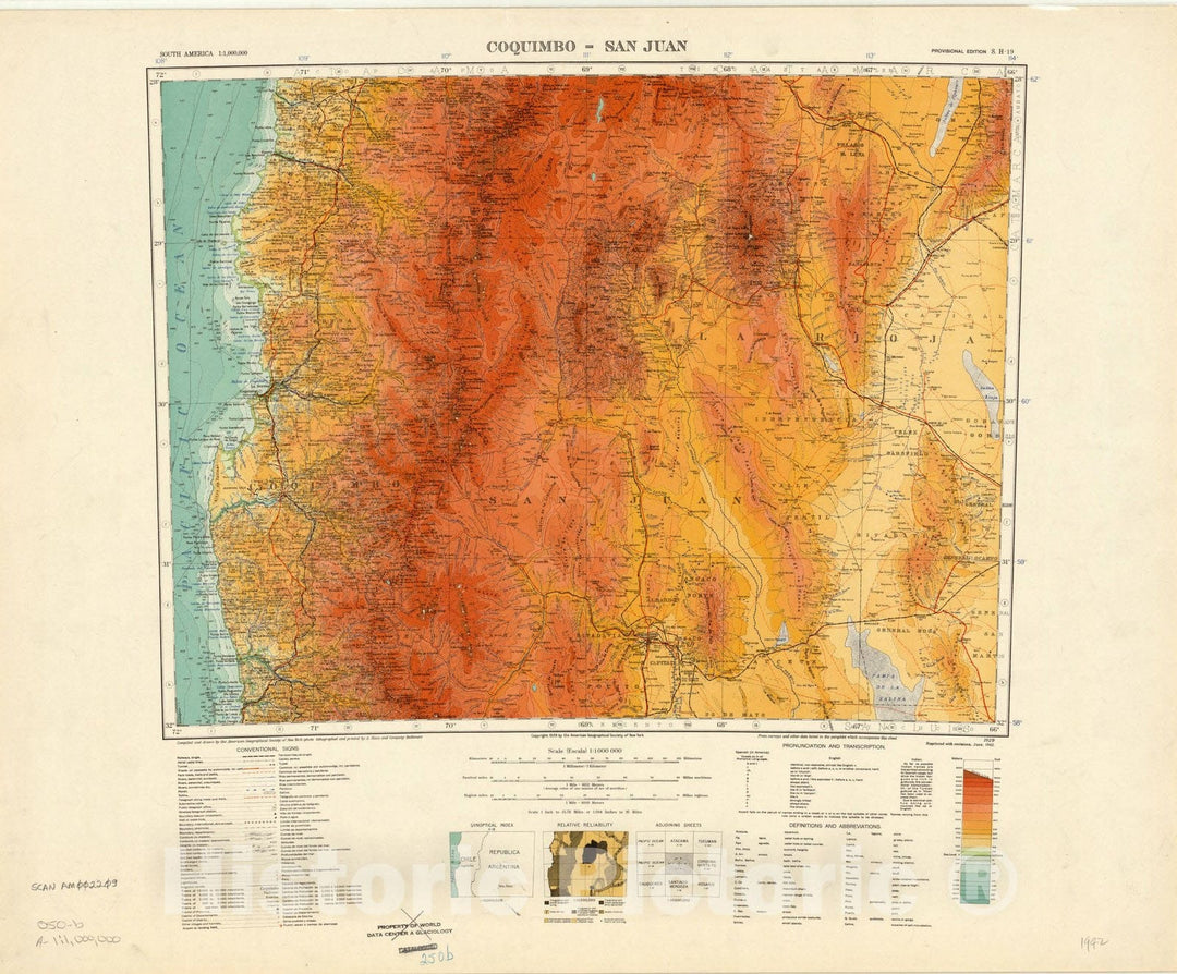 Map : Coquimbo-San Juan, Chile and Argentina 1929, Map of Hispanic America, Antique Vintage Reproduction