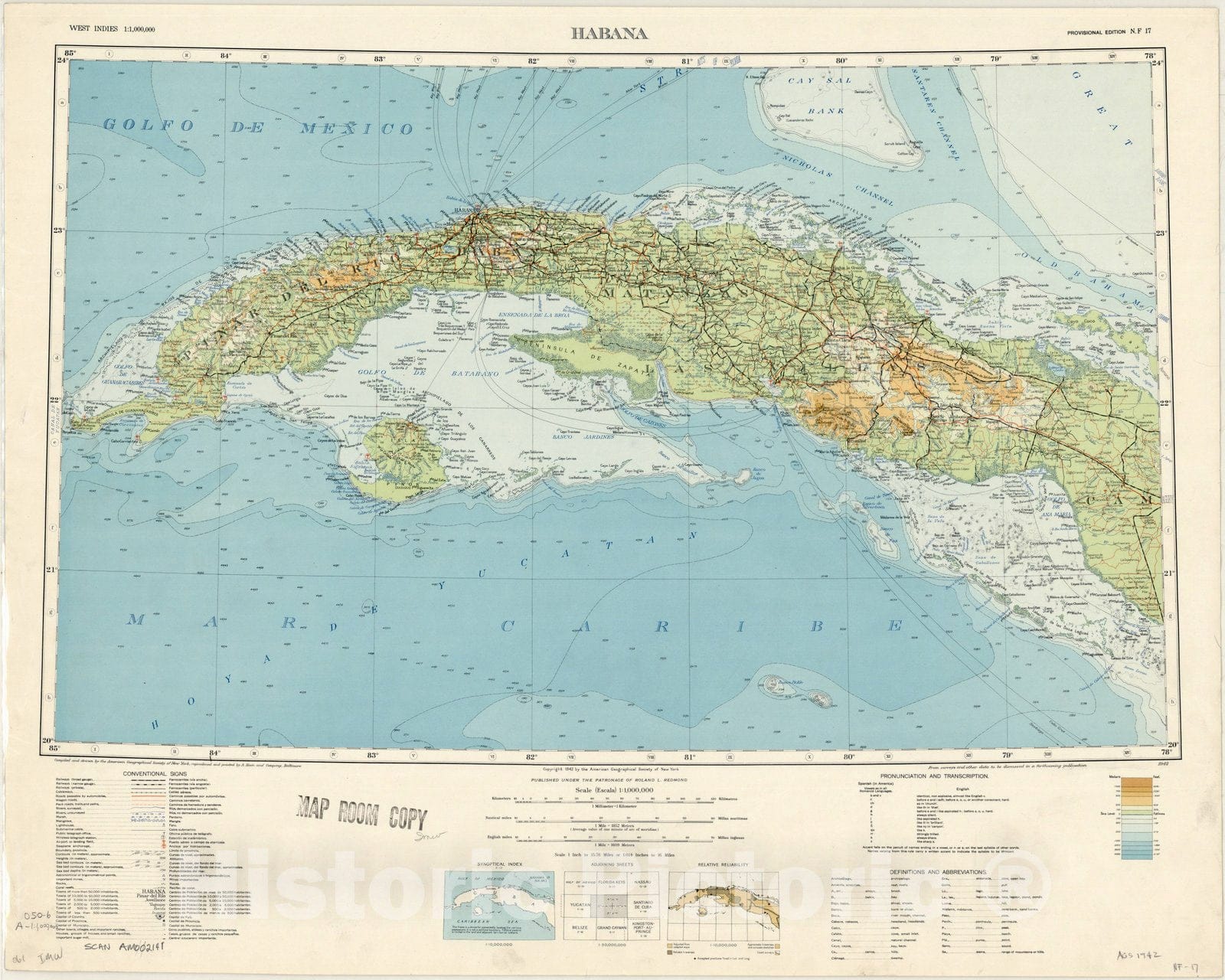 Map : Habana, Cuba 1942, Map of Hispanic America, Antique Vintage Reproduction