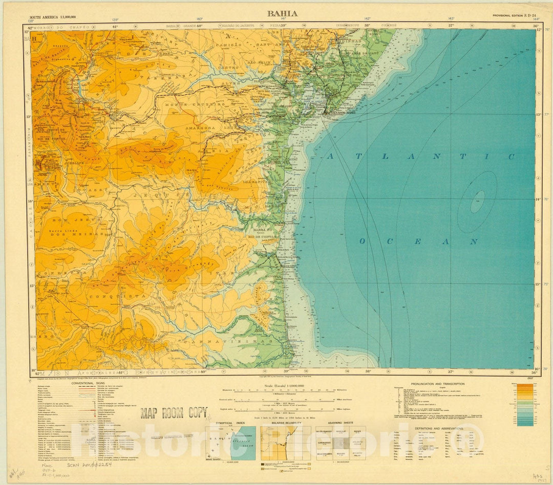 Map : Bahia, Brazil 1937, Map of Hispanic America, Antique Vintage Reproduction