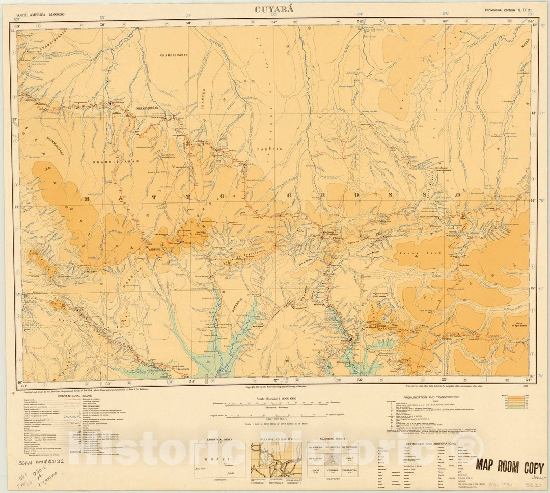 Map : Cuyaba, Brazil 1931, Map of Hispanic America, Antique Vintage Reproduction