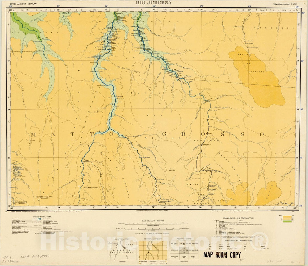 Map : Rio Juruena, Brazil 1935, Map of Hispanic America, Antique Vintage Reproduction