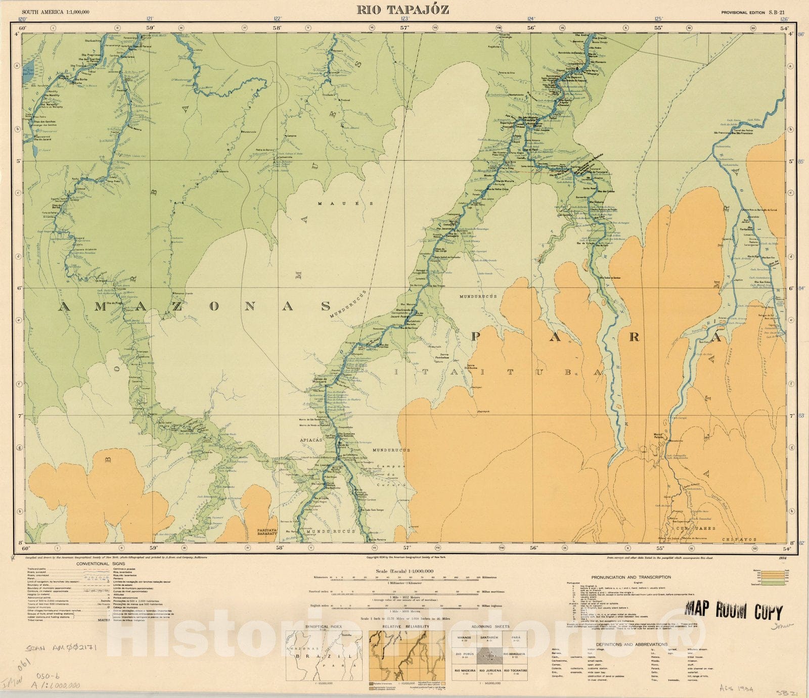 Map : Rio Tapajoz, Brazil 1934, Map of Hispanic America, Antique Vintage Reproduction