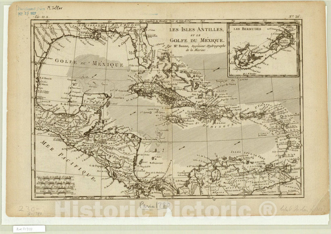 Map : Caribbean 1780, Les isles Antilles, et le golfe du Mexique , Antique Vintage Reproduction