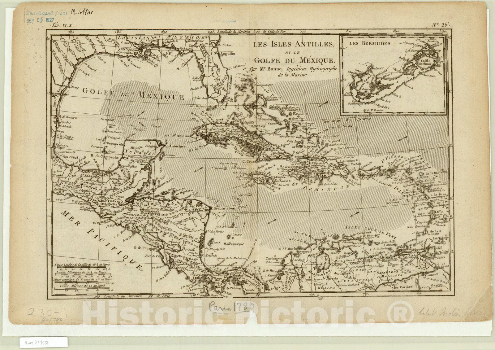 Map : Caribbean 1780, Les isles Antilles, et le golfe du Mexique , Antique Vintage Reproduction