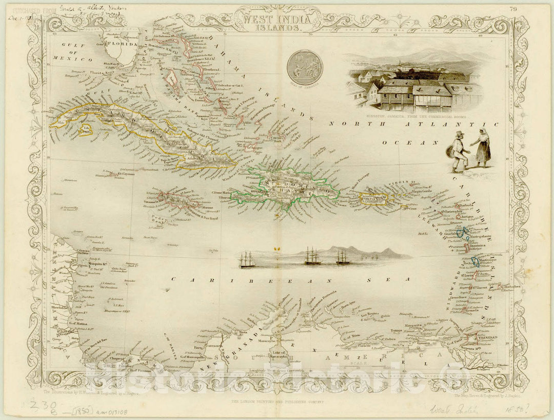 Map : West Indies 1850, West India Islands , Antique Vintage Reproduction