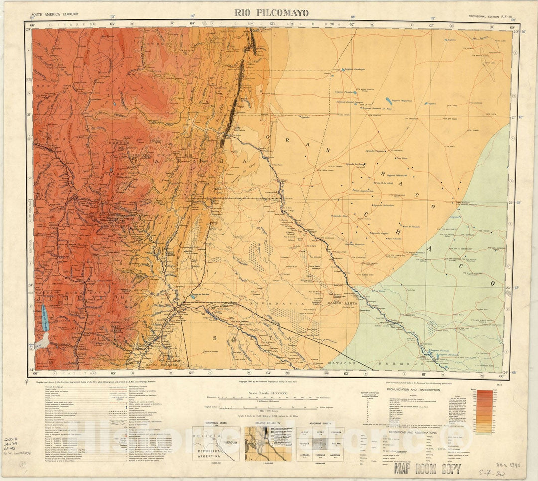 Map : Rio Pilcomayo, South America 1940, South America 1:1,000,000. Rio Pilcomayo , Antique Vintage Reproduction