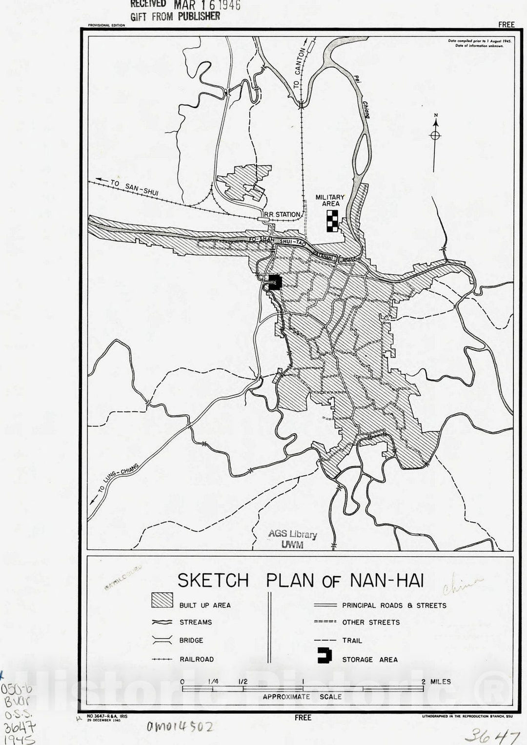 Map : Nanhai Shi, China 1945, Sketch plan of Nan-hai, Antique Vintage Reproduction