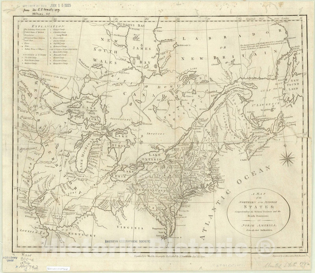 Map : United States, northern 1792, Antique Vintage Reproduction