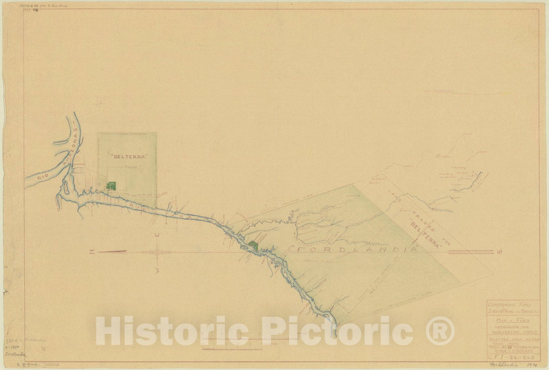 Map : Fordlandia, Brazil 1934, Map of Ford concessions and exploration trails plotted from government maps , Antique Vintage Reproduction