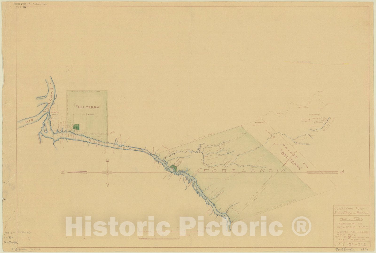 Map : Fordlandia, Brazil 1934, Map of Ford concessions and exploration trails plotted from government maps , Antique Vintage Reproduction