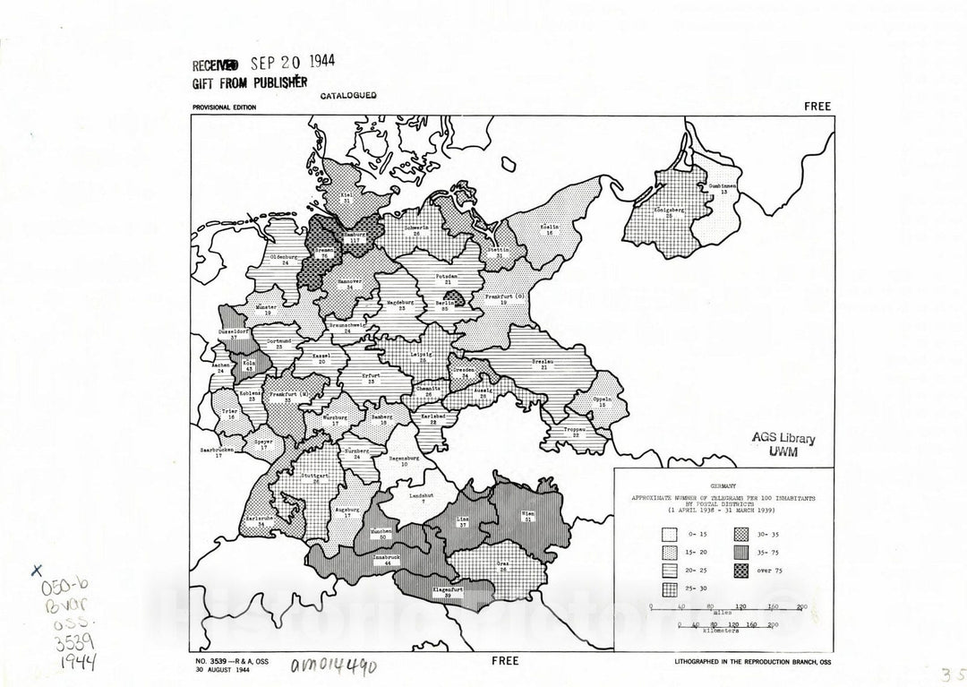 Map : Germany 1944, Germany, approximate number of telegrams per 100 inhabitants by postal districts (1 April 1938 - 31 March 1939) , Antique Vintage Reproduction